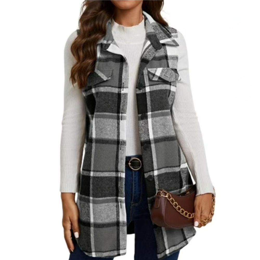 PRECIOUS Plaid Sleeveless Shirt/Vest/Shacket In Black/Grey/White, Sz M Or L